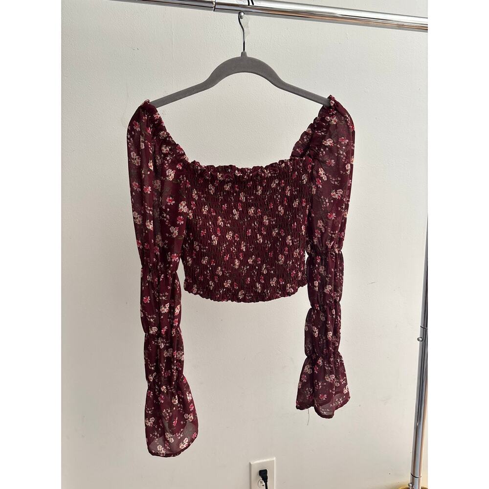 Wild Fable Floral Smocked Crop Top XS Burgundy Long Sleeve Cottagecore Blouse - Picture 10 of 12